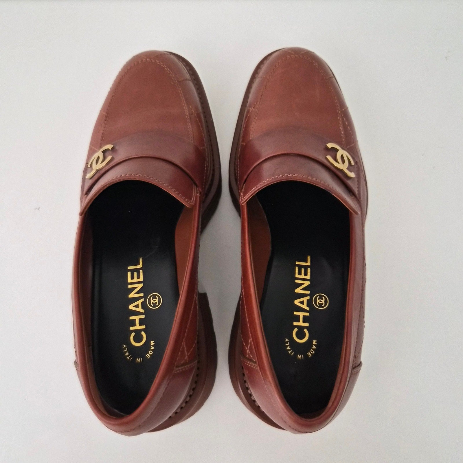 Chanel 2023 Calfskin Quilted CC Platform Loafers Light Brown US 8 / EU 38