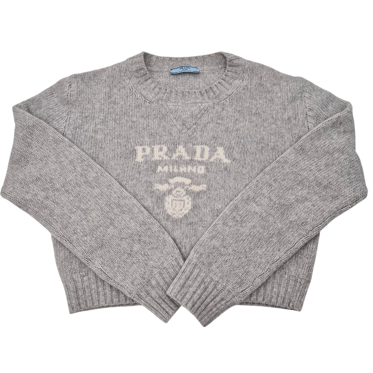 Prada Wool and Cashmere Crew-Neck Logo Sweater Gray Size 40