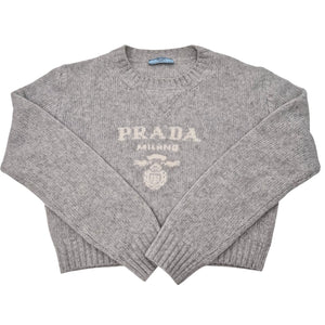 Prada Wool and Cashmere Crew-Neck Logo Sweater Gray Size 40