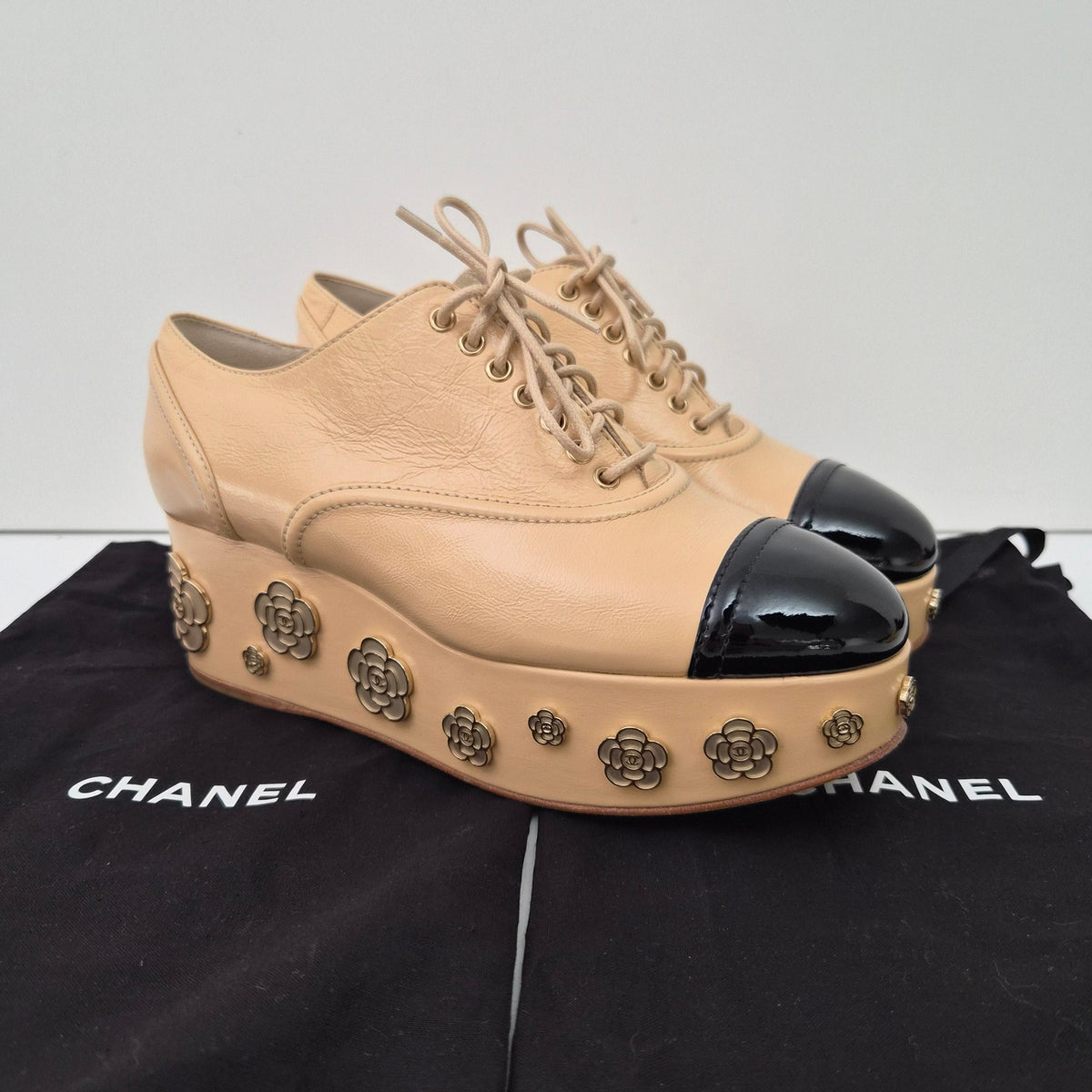 Chanel Beige and Black Camellia Platform Lace-Up Oxfords US 6.5 / EU 36.5