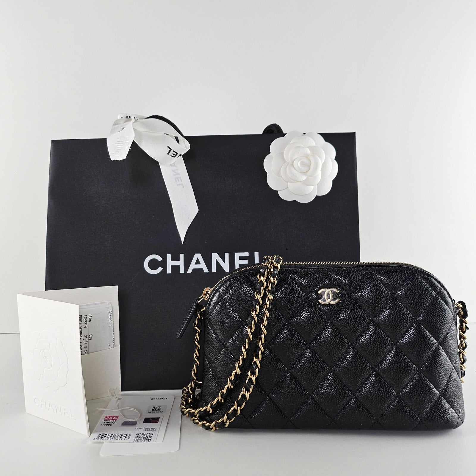 Chanel 24A Classic Clutch with Chain Black Caviar with Light Gold Crossbody