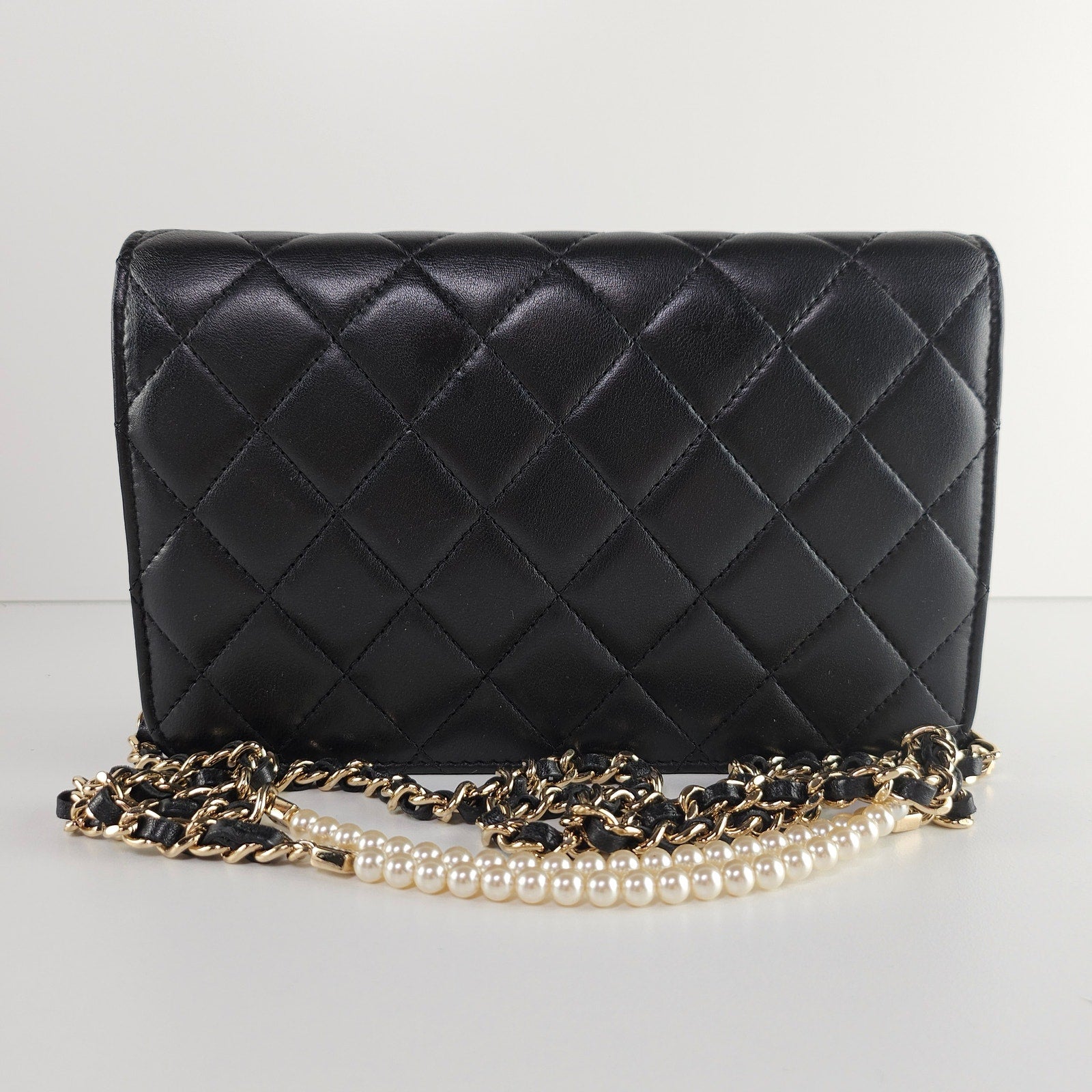 Chanel Pearl Strap Wallet on Chain Quilted Lambskin Black Crossbody