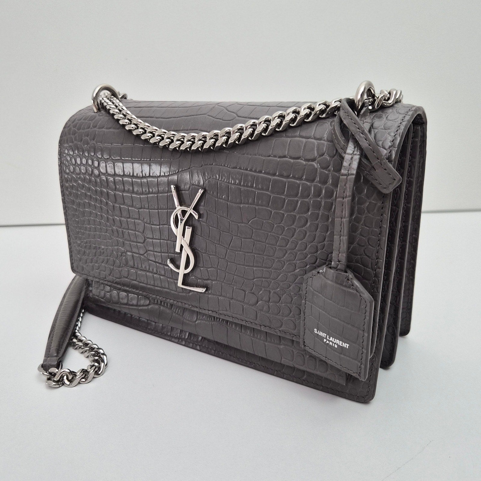 Saint Laurent Medium Croc Gray Sunset Shoulder Bag
