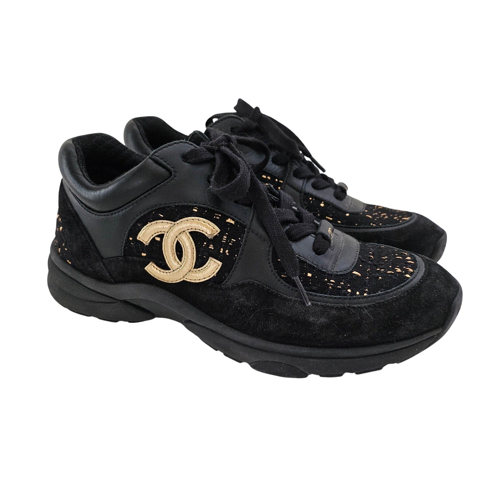 Chanel CC Black Suede Trainer Sneakers US 8.5 / EU 38.5