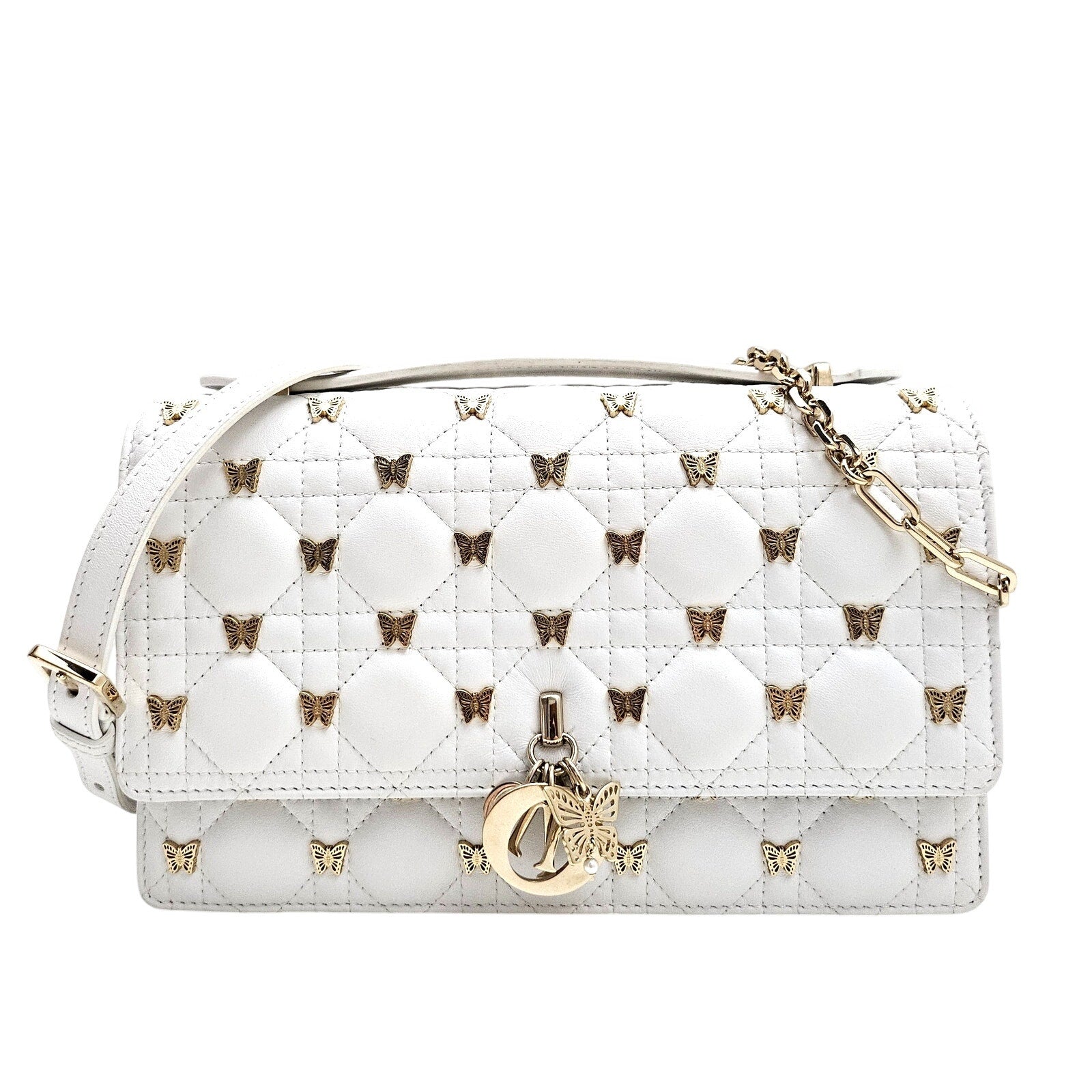 Christian Dior Lambskin Cannage Butterfly Studs Miss Dior Shoulder Bag White