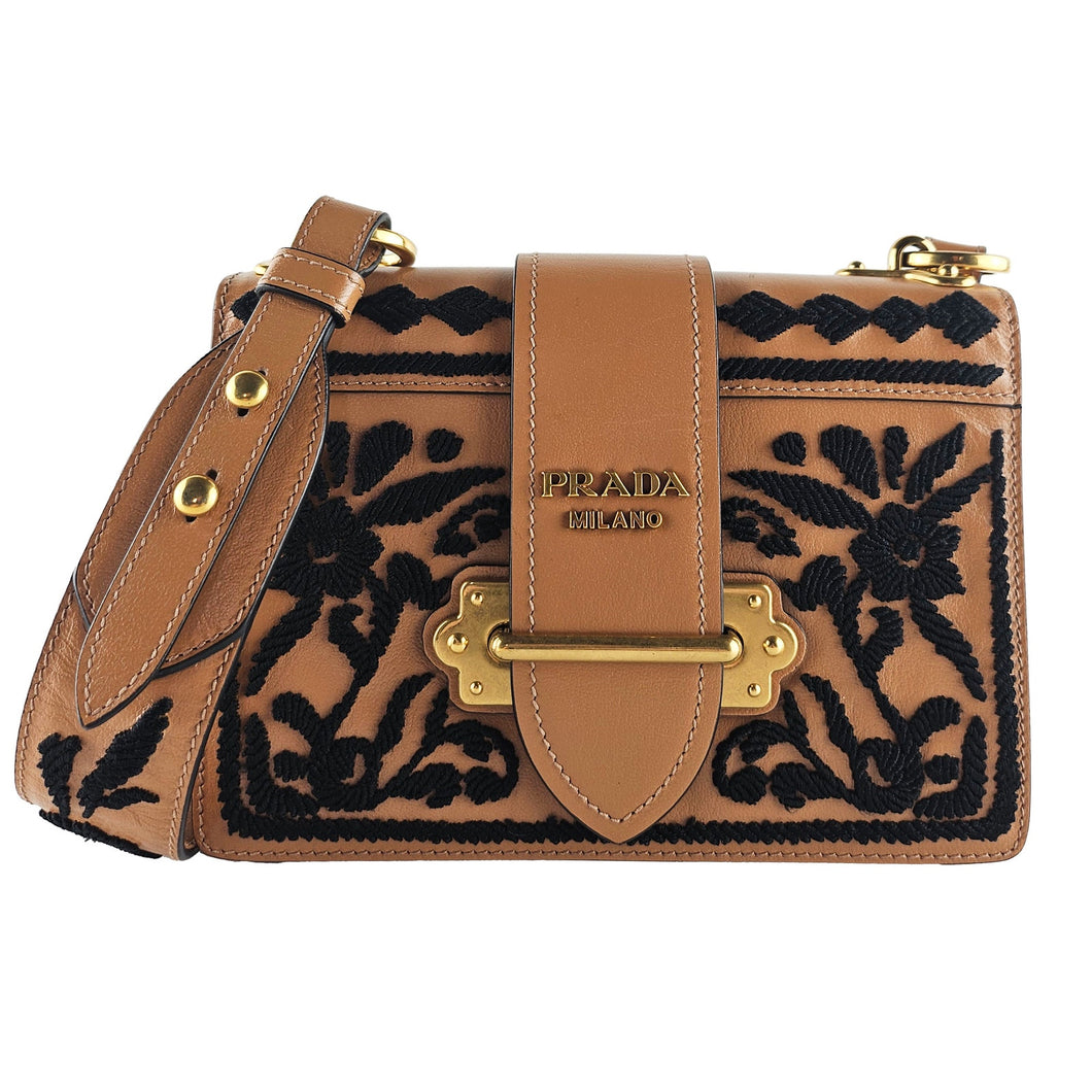 Prada Cahier Caramel Medium Madras Brown And Black Leather Cross Body Bag