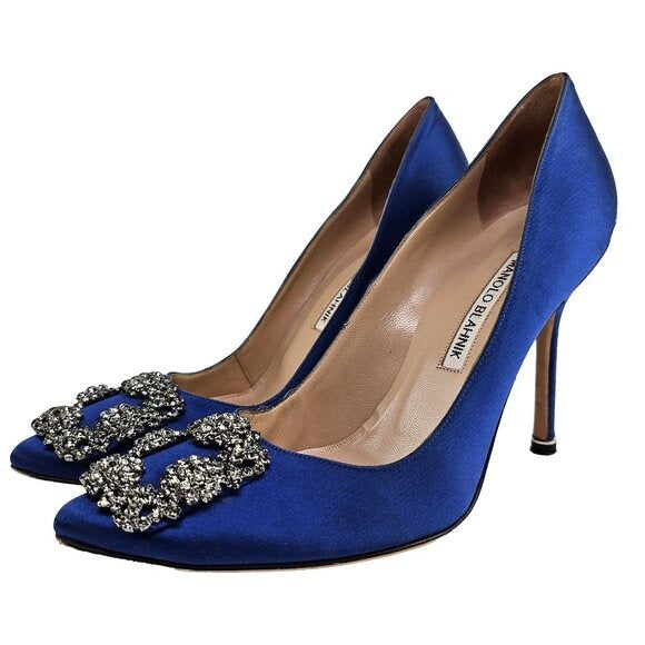 Manolo Blahnik Blue Satin Hangisi Crystal Pumps Size US 7.5 / EU 37.5