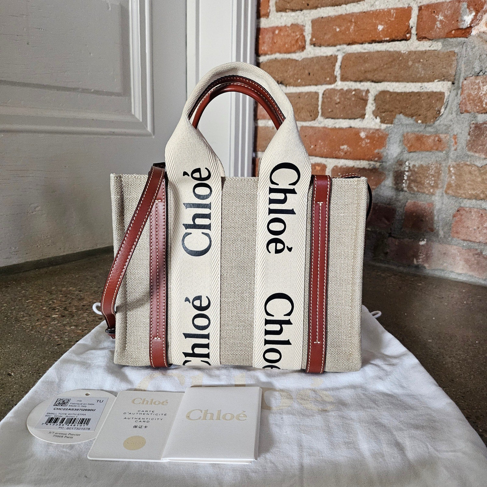 Chloe Small Woody Ribbon Tote With Strap White Brown