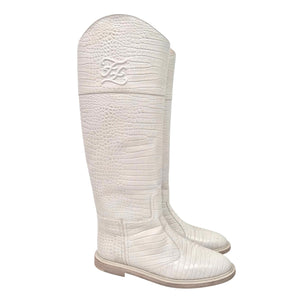 Fendi Karligraphy Cream Logo Croc Embossed Riding Boots Size US 8.5 / EU 38.5