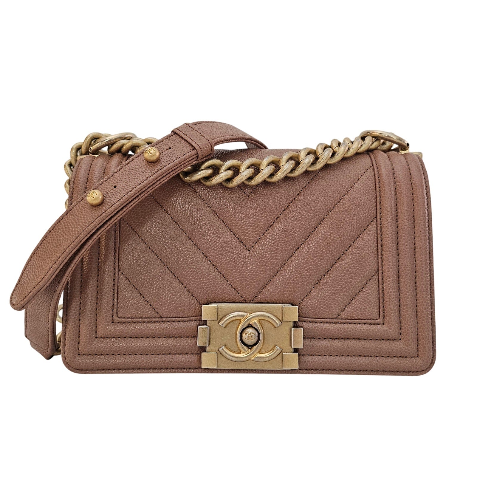 Chanel 18C Dark Beige Small Caviar Leather Boy Bag