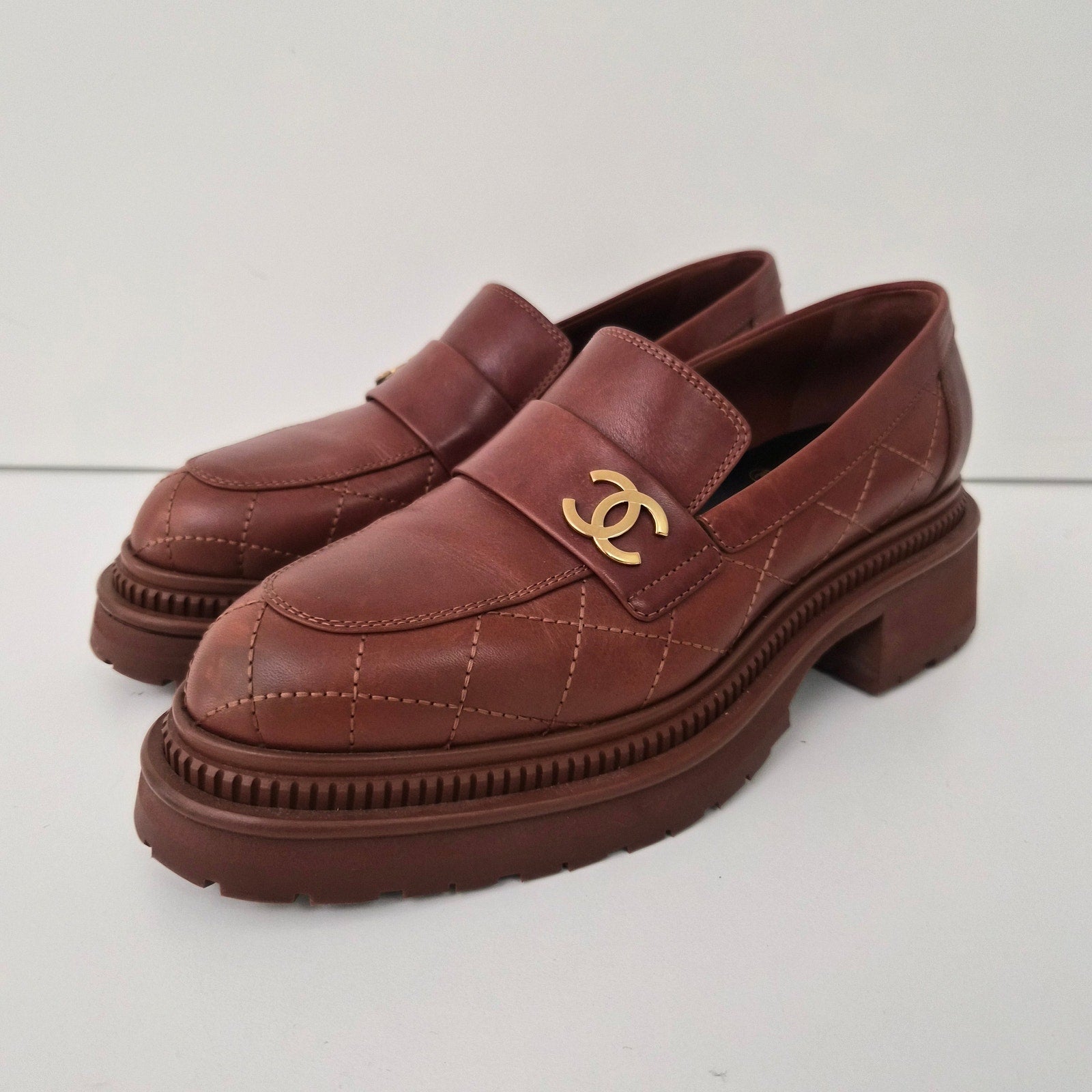 Chanel 2023 Calfskin Quilted CC Platform Loafers Light Brown US 8 / EU 38