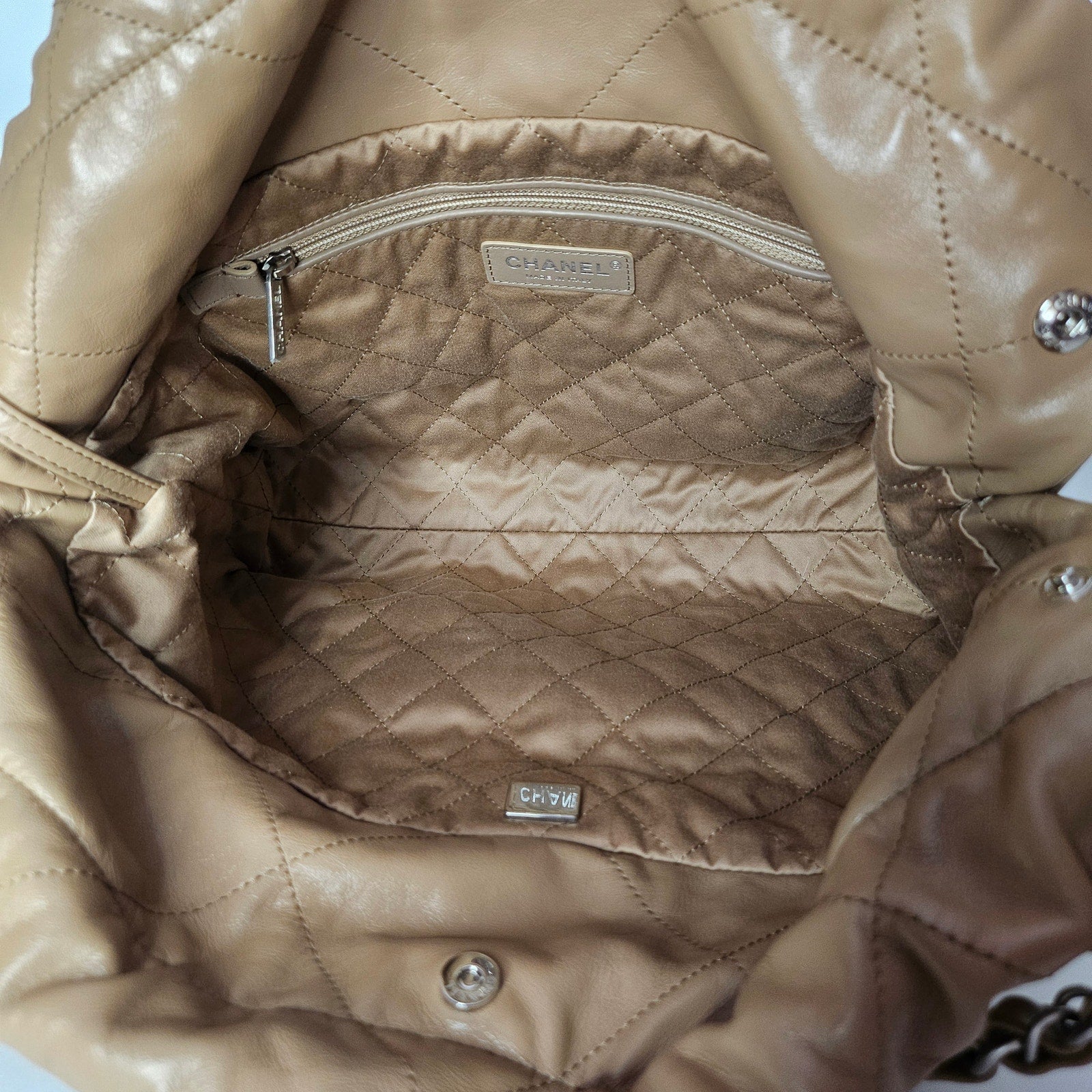 Chanel Shiny Calfskin Quilted Small Chanel 22 Hobo Beige Brown