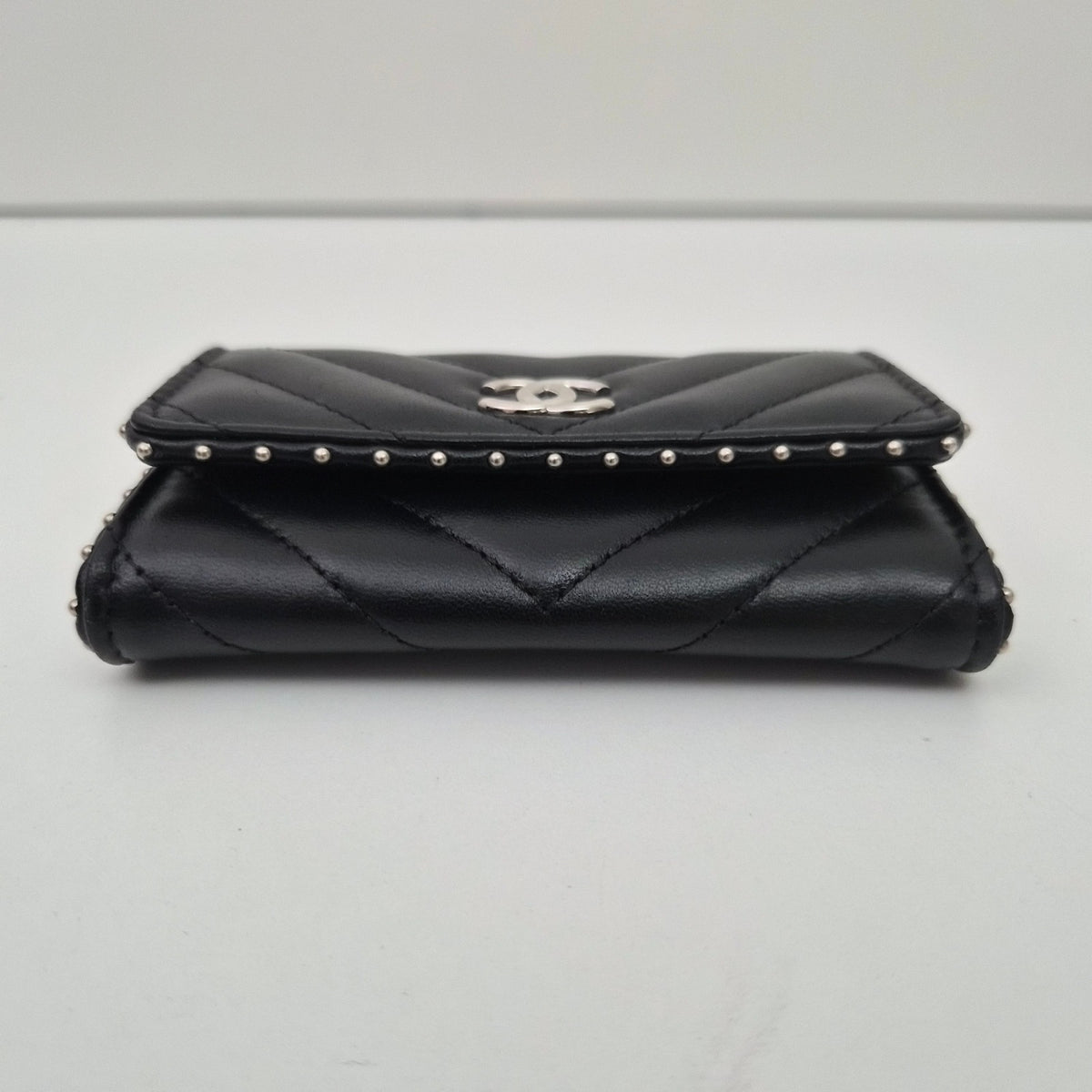 Chanel Lambskin Chevron Quilted Studded Cardholder Wallet Black