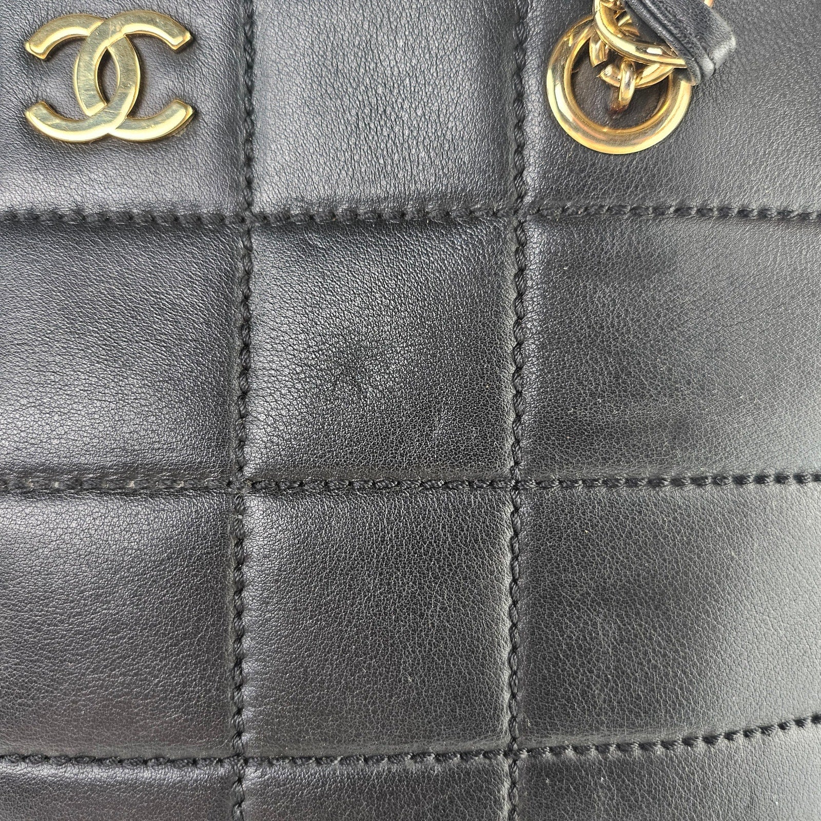 Chanel Calfskin Stitched Chocolate Bar Shopping Tote Black