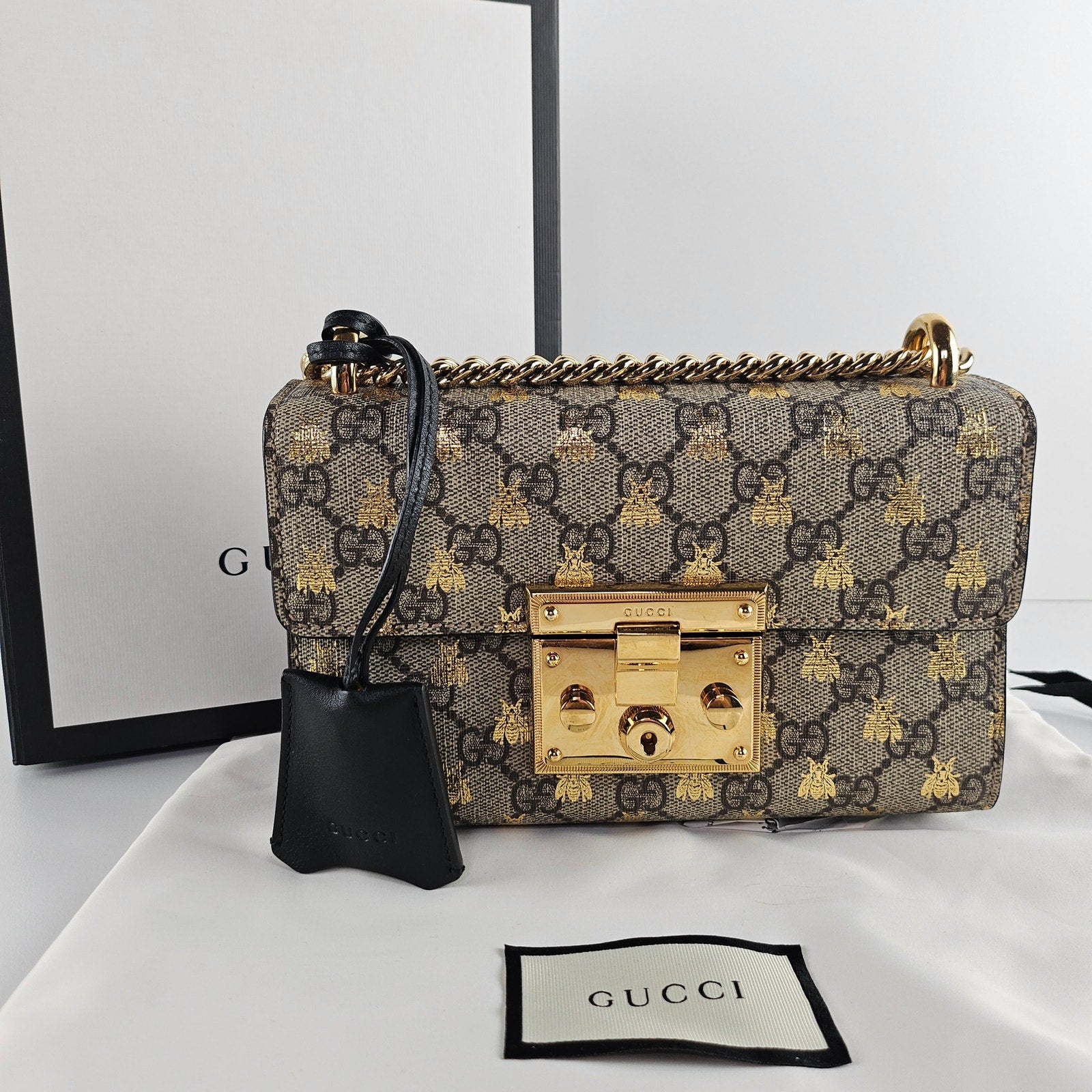 Gucci GG Supreme Monogram Bees Small Padlock Shoulder Bag Black