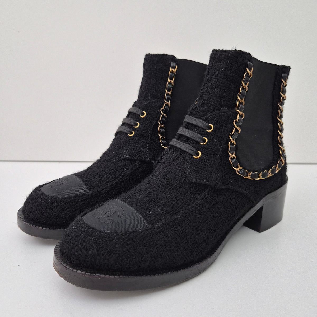 Chanel Women's Tweed Chain Chelsea Ankle Boots US 7 / EU 37