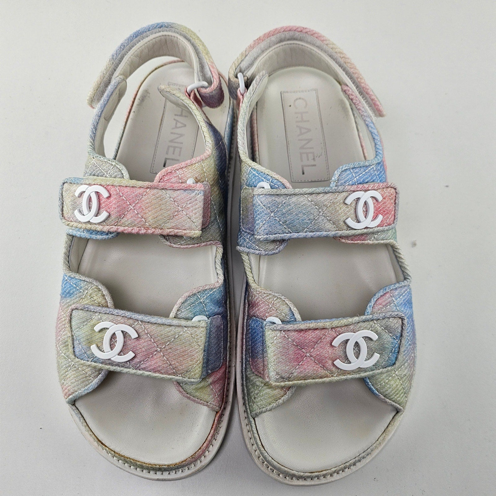 Chanel Printed Fabric Quilted Dad Sandals Green Pink Blue US 8.5 / EU 38.5