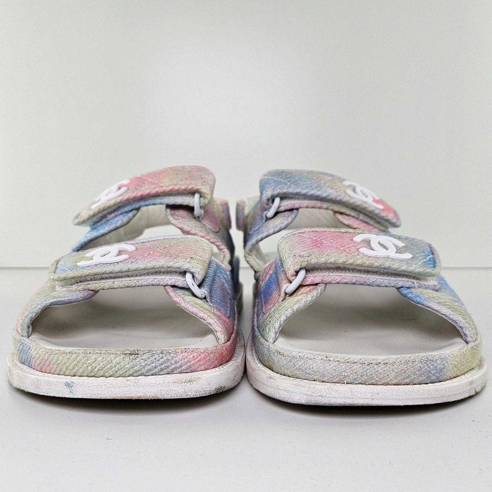 Chanel Printed Fabric Quilted Dad Sandals Green Pink Blue US 8.5 / EU 38.5