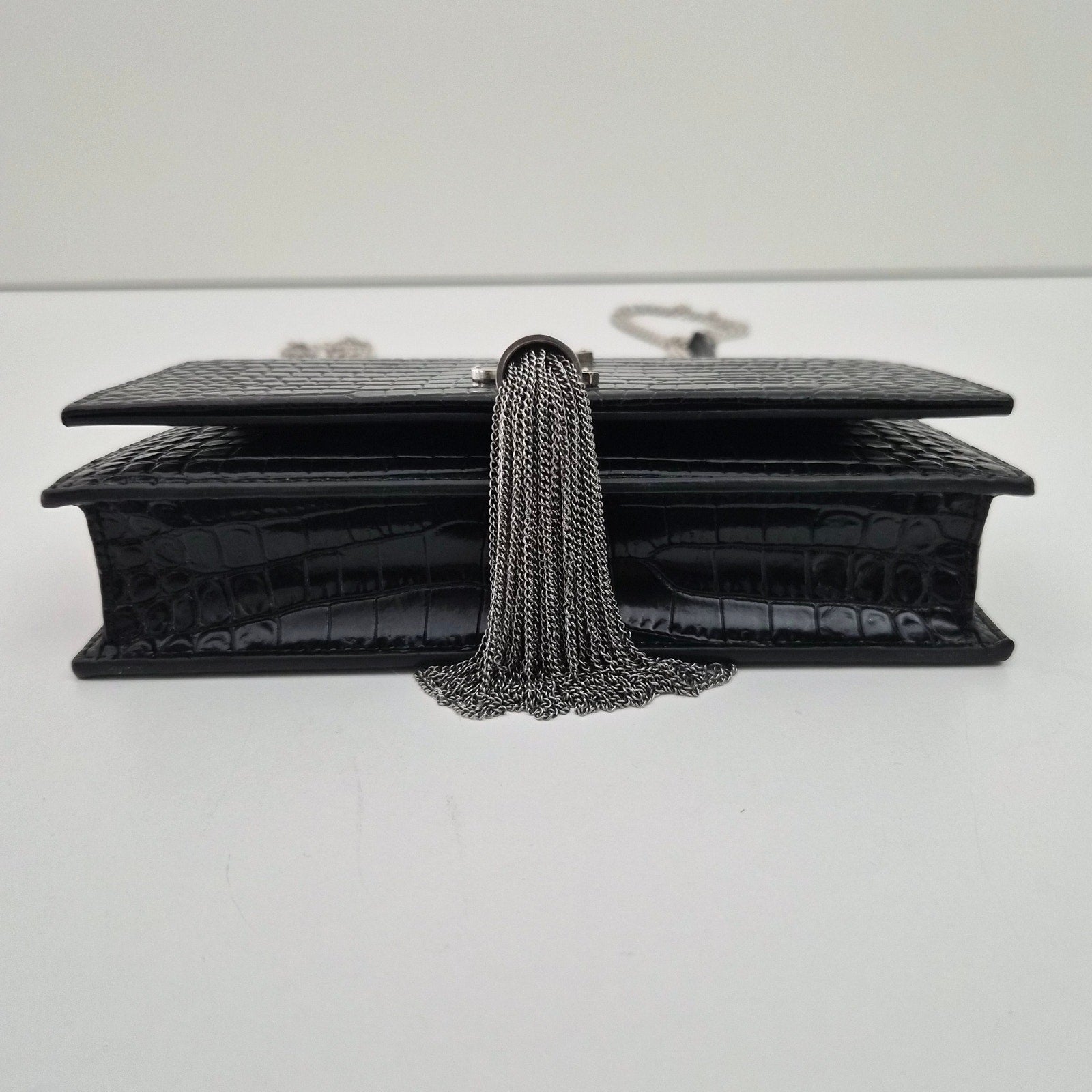 Saint Laurent Crocodile Embossed Kate Monogram Tassel Chain Wallet Black