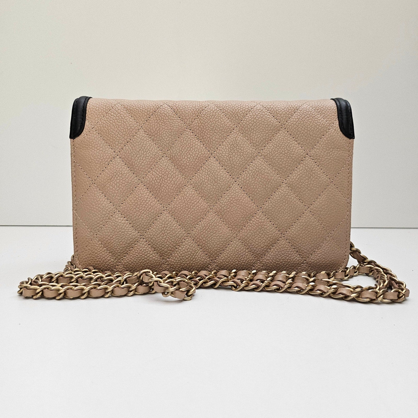 Chanel Caviar Quilted CC Filigree Wallet On Chain WOC Black Tan