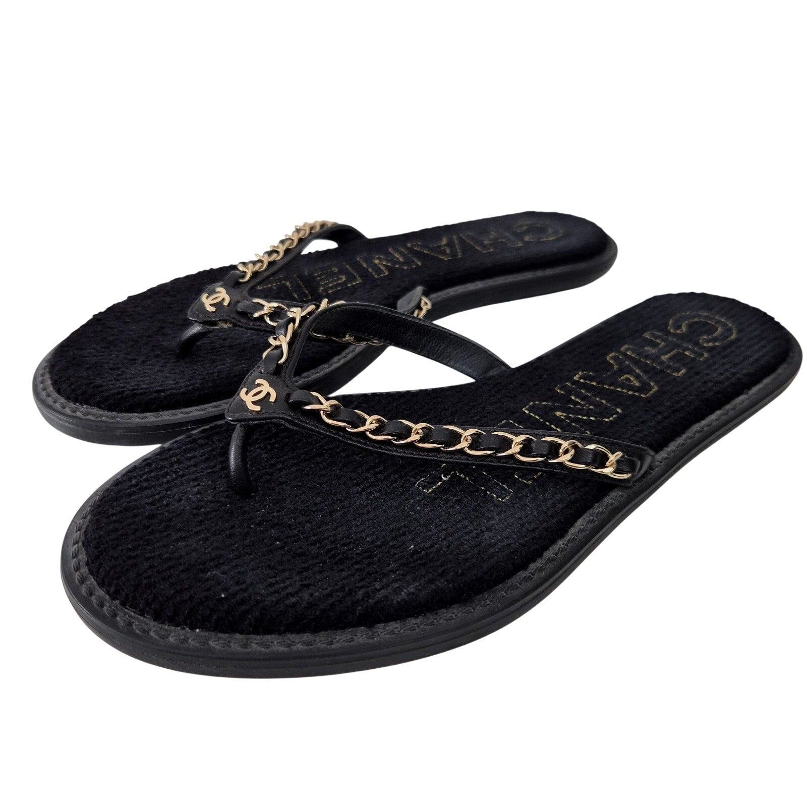Chanel Lambskin Terrycloth Chain CC Thong Sandals - Size 7 / 37