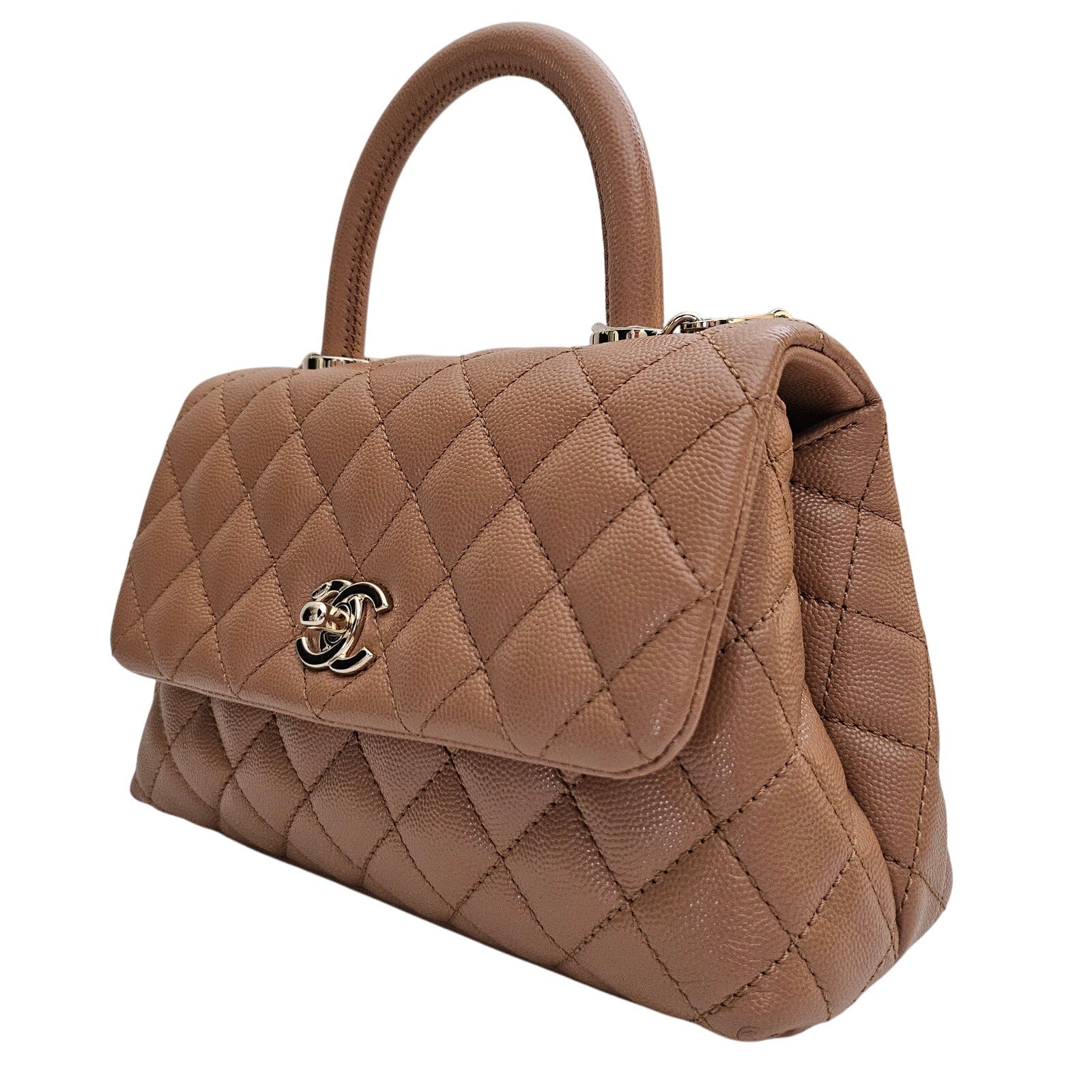 Chanel 21P Caramel Brown Caviar Leather Mini Coco Handle Gold Hardware