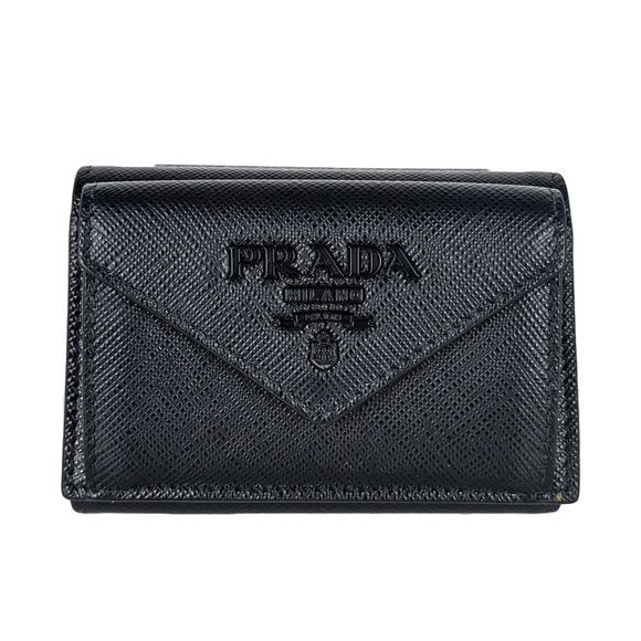 Prada Saffiano Black Monochrome Leather Envelope Trifold Wallet