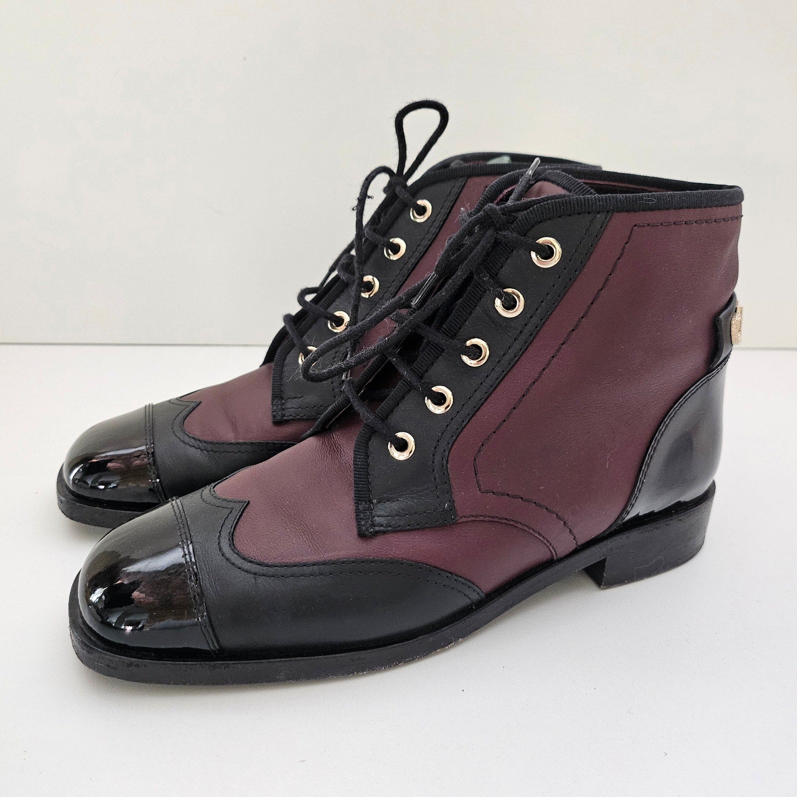 Chanel Burgundy/Black Patent and Leather CC Cap Toe Ankle Boots Size US 7.5 /  EU 37.5