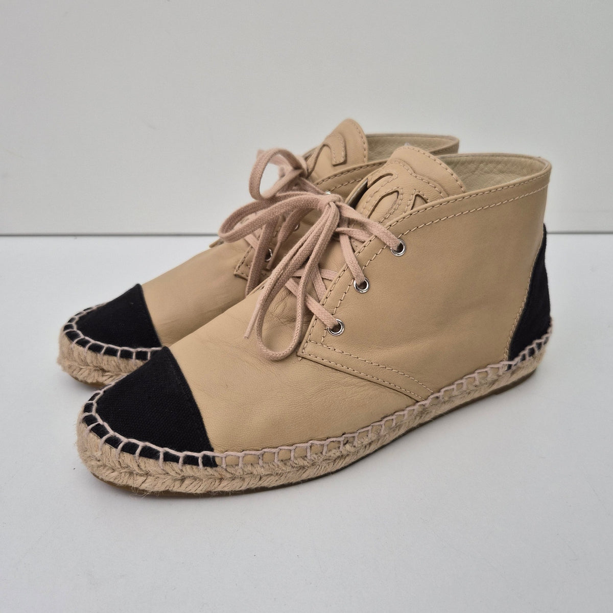 Chanel Beige Lambskin CC Logo High Top Espadrilles US 7 / EU 37