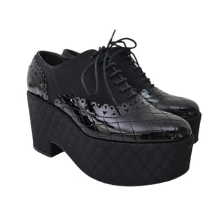Chanel Black Quilted Patent Platform Lace-Up Oxfords US 6.5 / EU 36.5