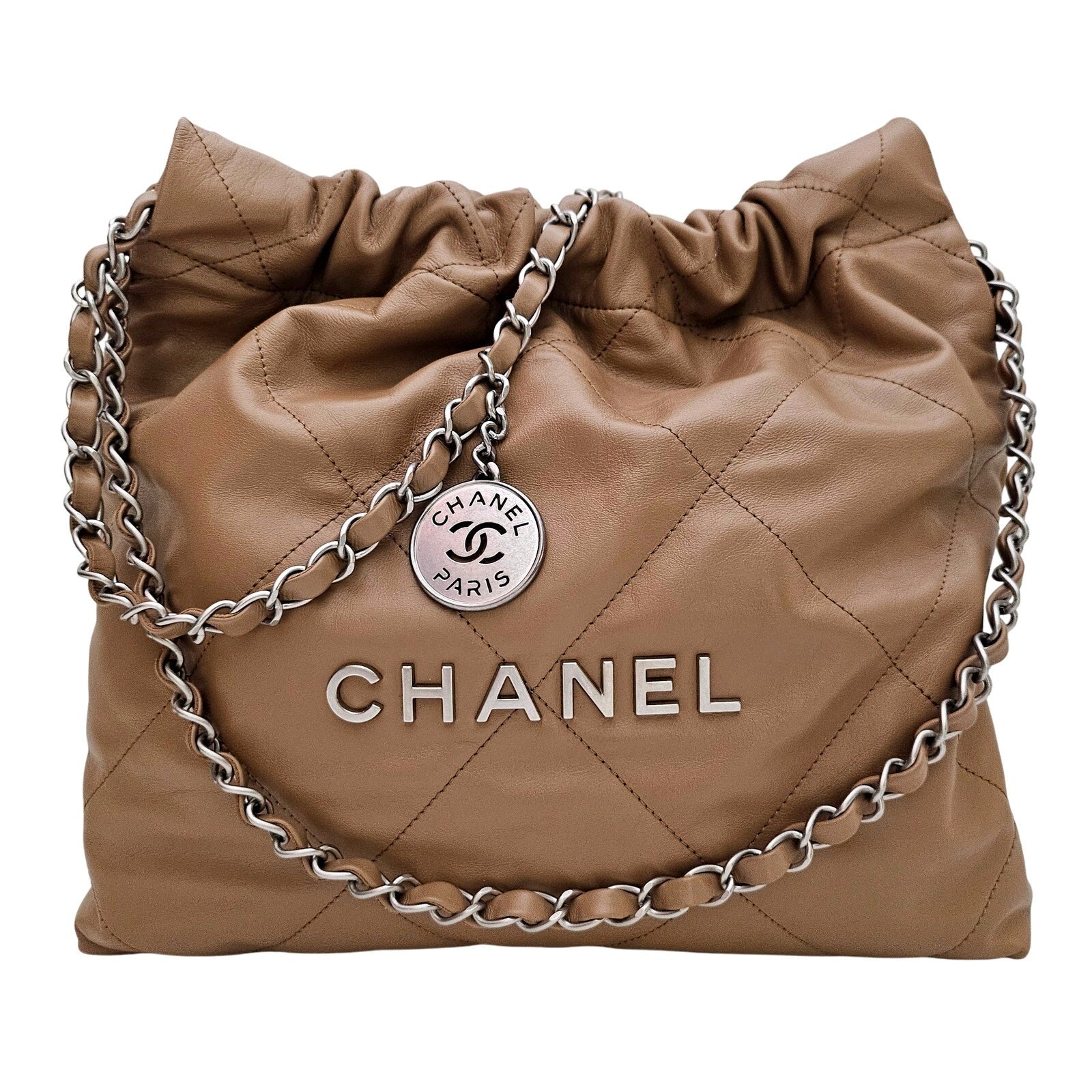 Chanel Shiny Calfskin Quilted Small Chanel 22 Hobo Beige Brown