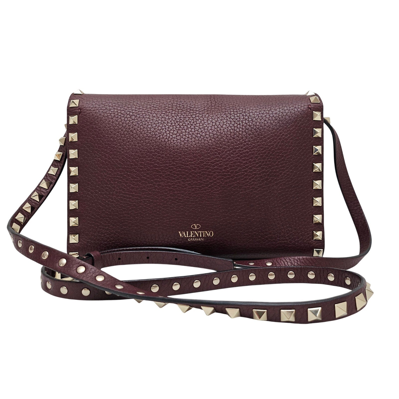 Valentino Pebbled Calfskin Medium Rockstud Flip Lock Crossbody Bag Burgundy