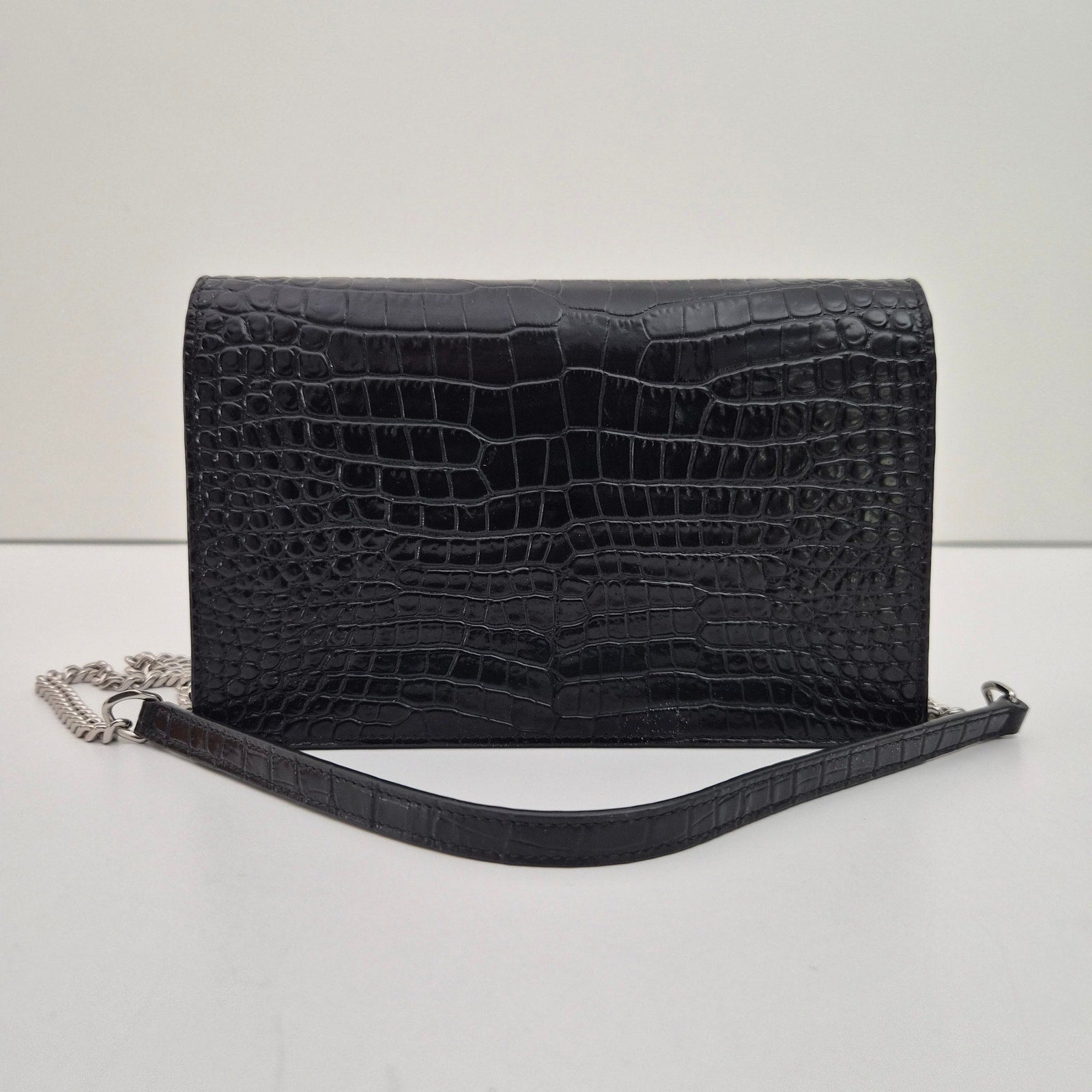 Saint Laurent Crocodile Embossed Kate Monogram Tassel Chain Wallet Black