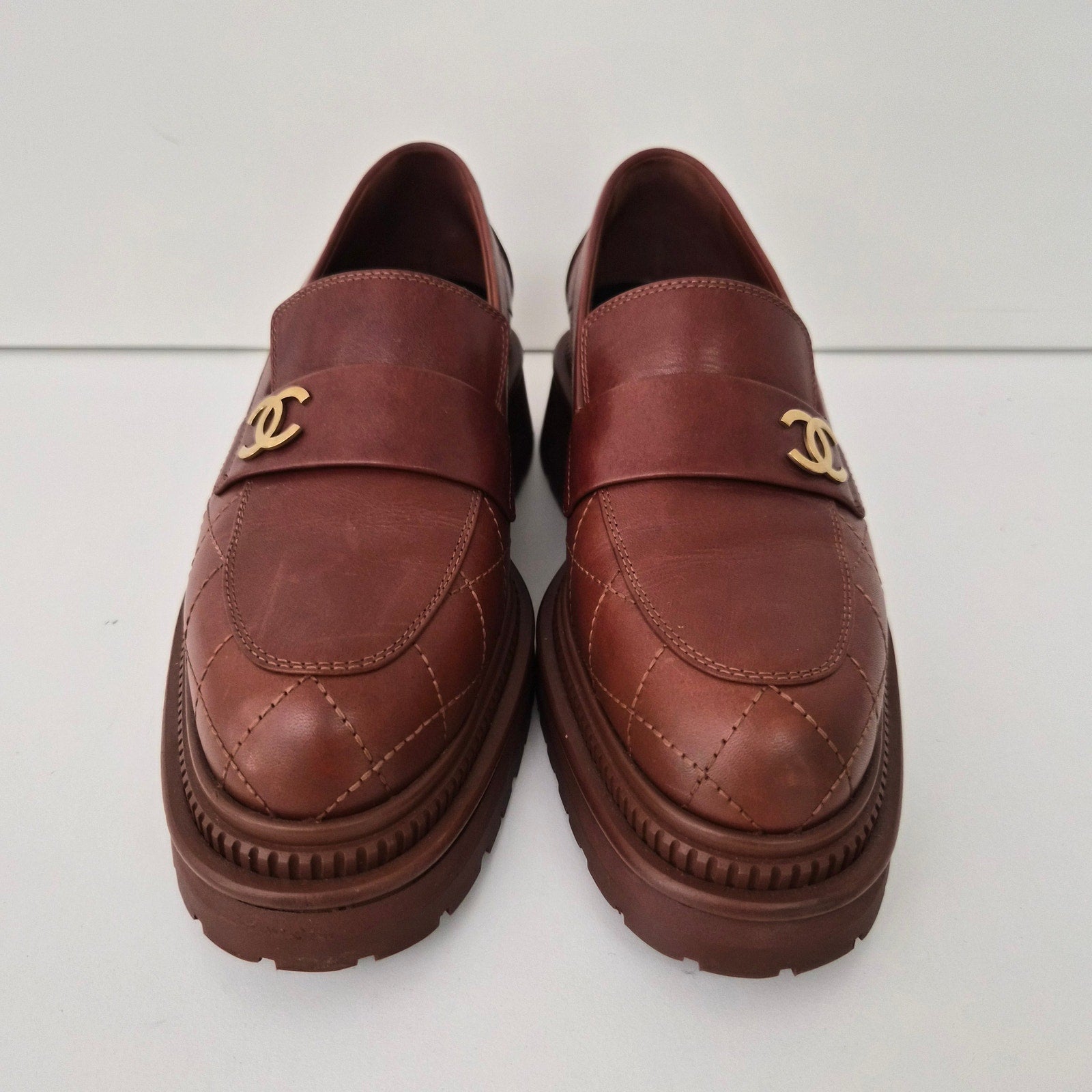 Chanel 2023 Calfskin Quilted CC Platform Loafers Light Brown US 8 / EU 38