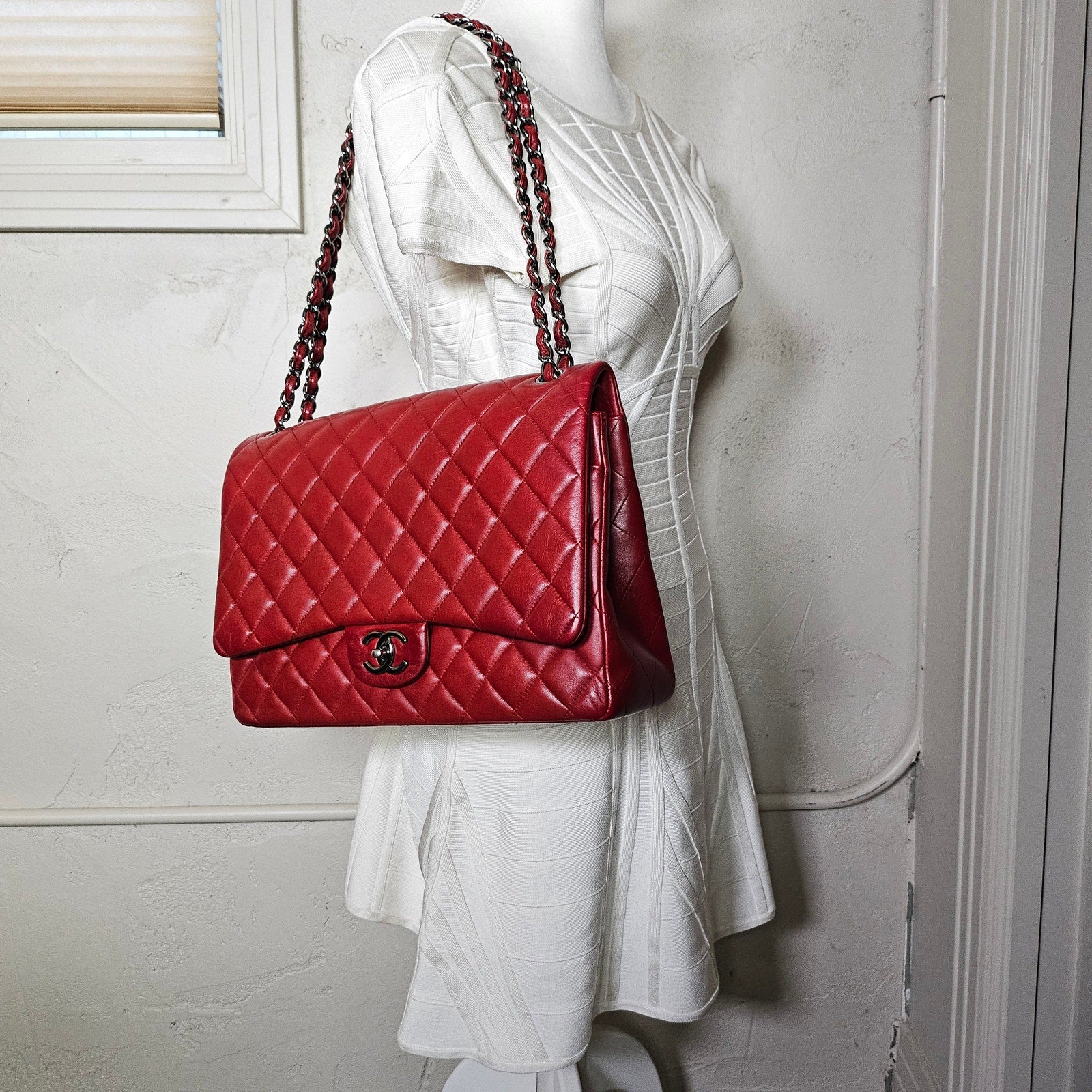 Chanel Burgundy Red Maxi Lambskin Classic Flap Bag