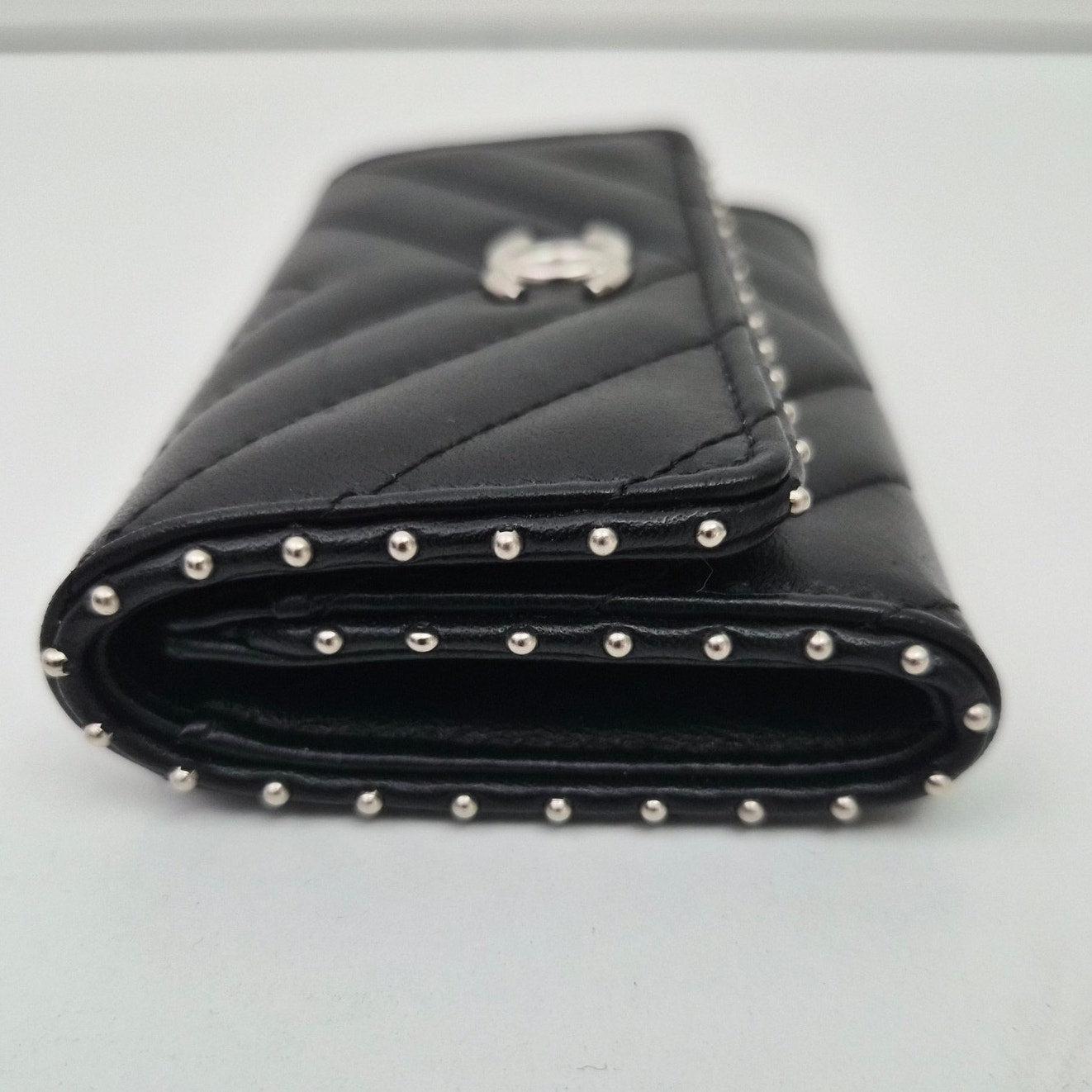 Chanel Lambskin Chevron Quilted Studded Cardholder Wallet Black