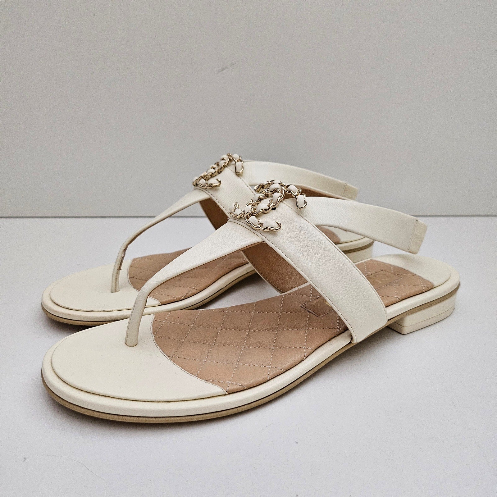 Chanel 21S White Leather Chain CC Sandals EU 37.5 / US 7.5