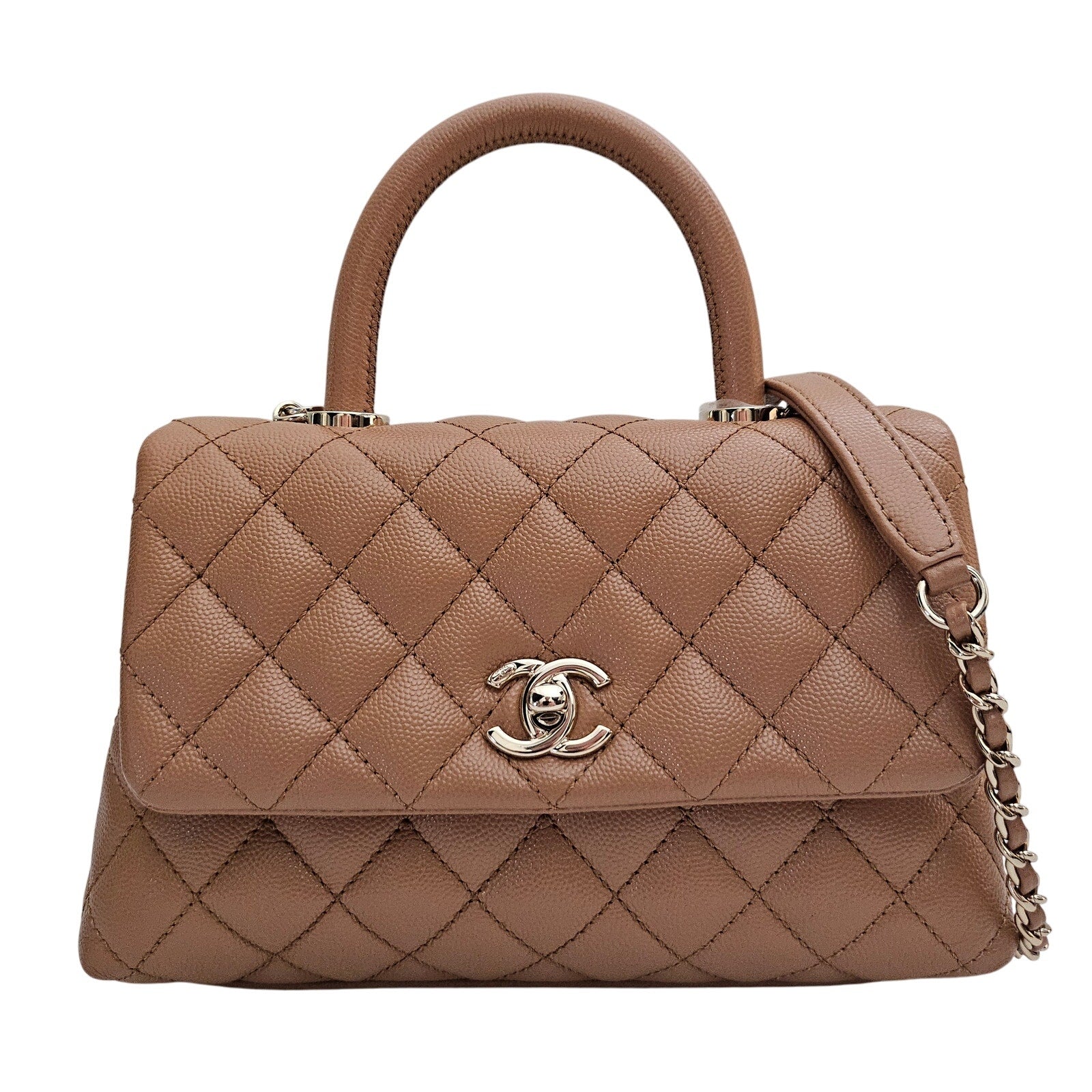 Chanel 21P Caramel Brown Caviar Leather Mini Coco Handle Gold Hardware