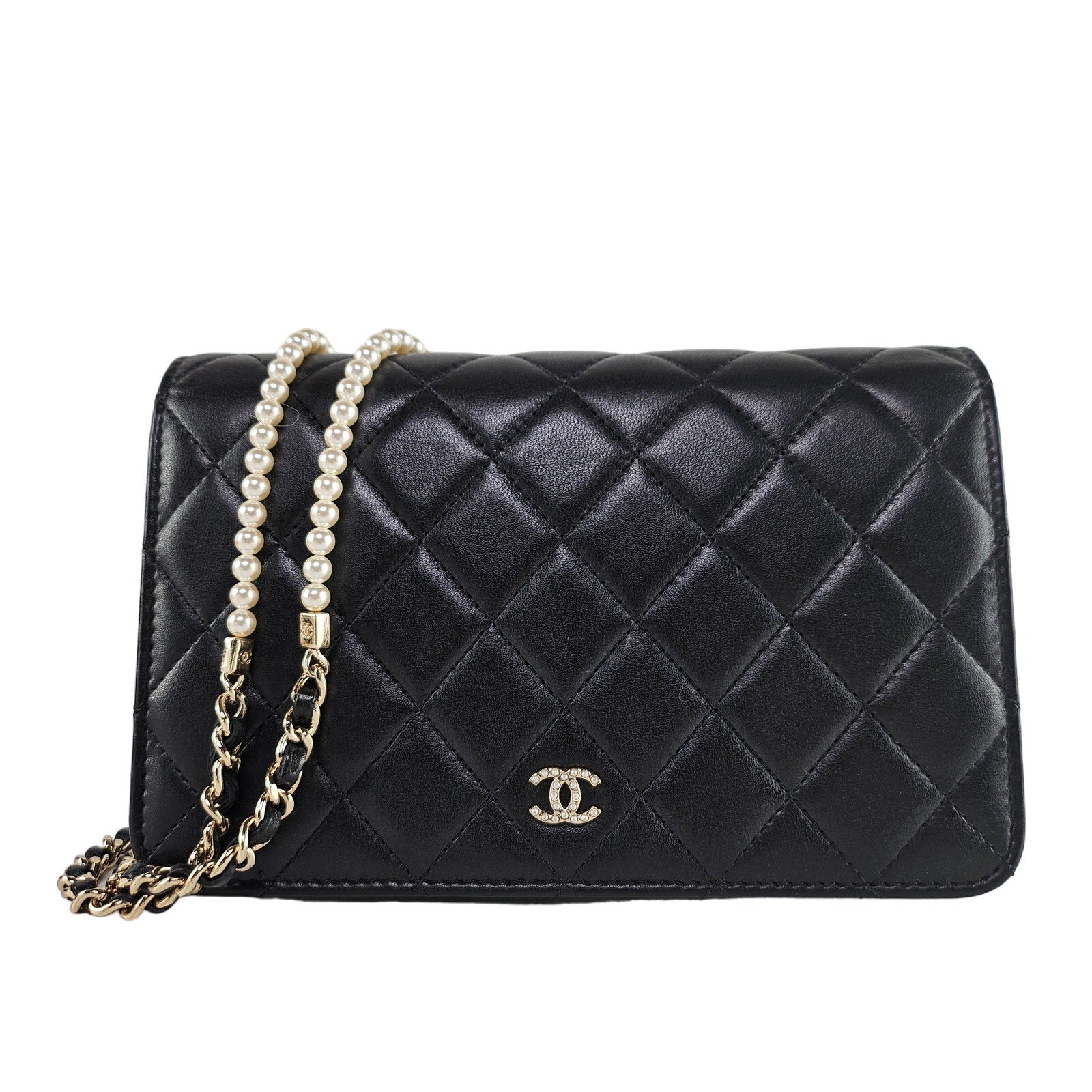 Chanel Pearl Strap Wallet on Chain Quilted Lambskin Black Crossbody