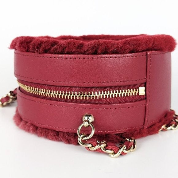 Chanel Red Shearling Round Clutch with Chain Crossbody Bag