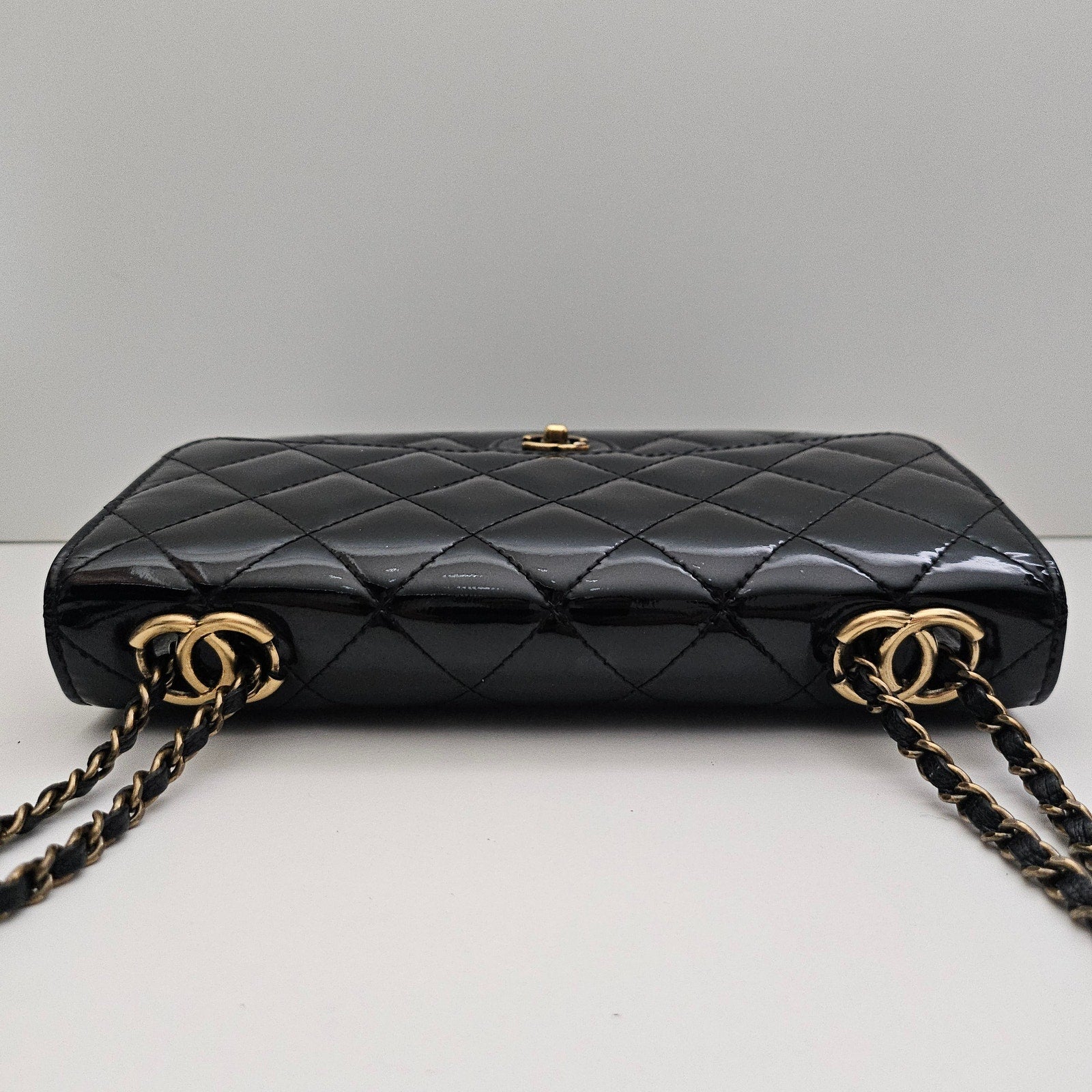 Chanel Patent Goatskin Quilted CC Eyelet Wallet On Chain WOC Black