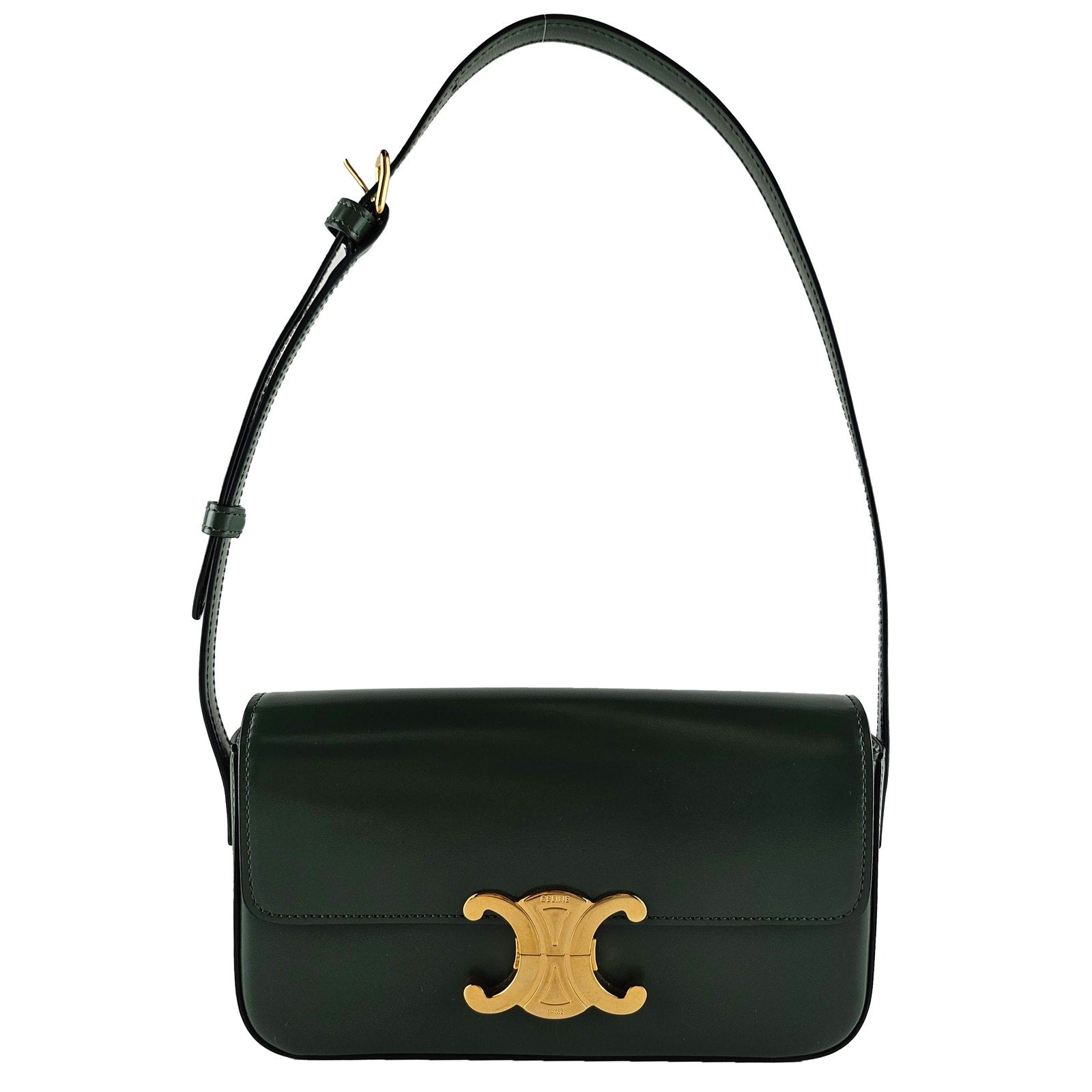 Celine Shiny Calfskin Triomphe Forest Green Shoulder Bag