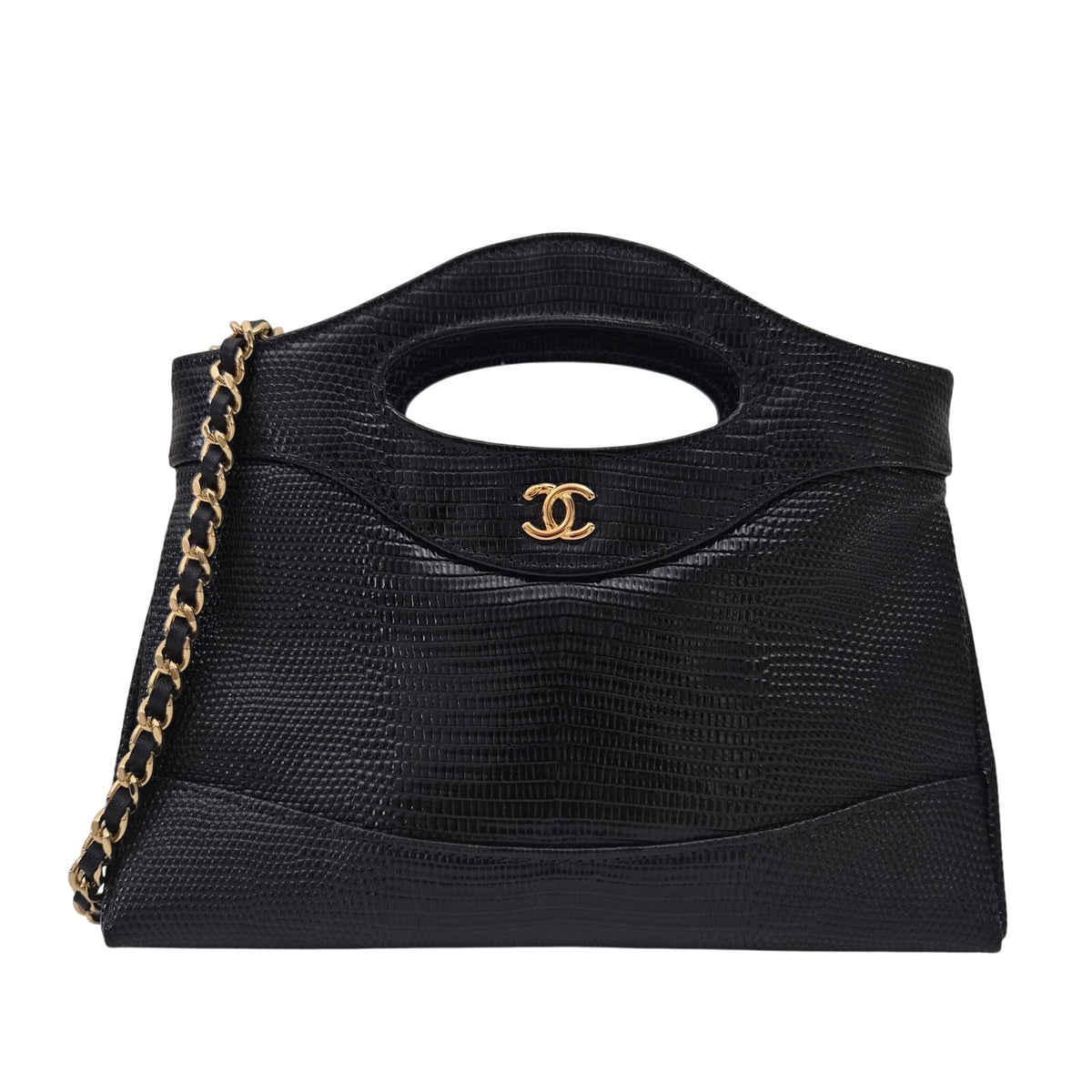Chanel 31 Lizard Embossed Calfskin Clutch with Chain Black
