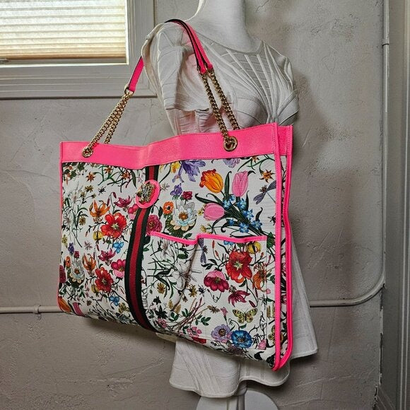 Gucci Canvas Flora Rajah Maxi Tote Pink