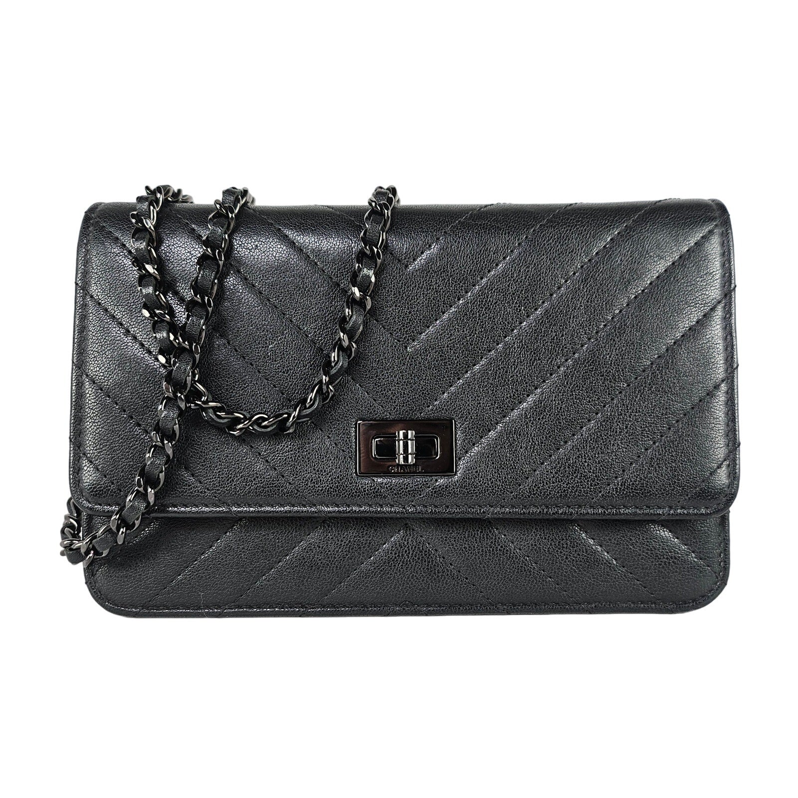 Chanel Calfskin Chevron Quilted Reissue Wallet On Chain WOC So Black