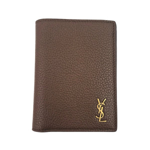 Saint Laurent Tiny Cassandre Credit Card Wallet in Grained Leather Brown