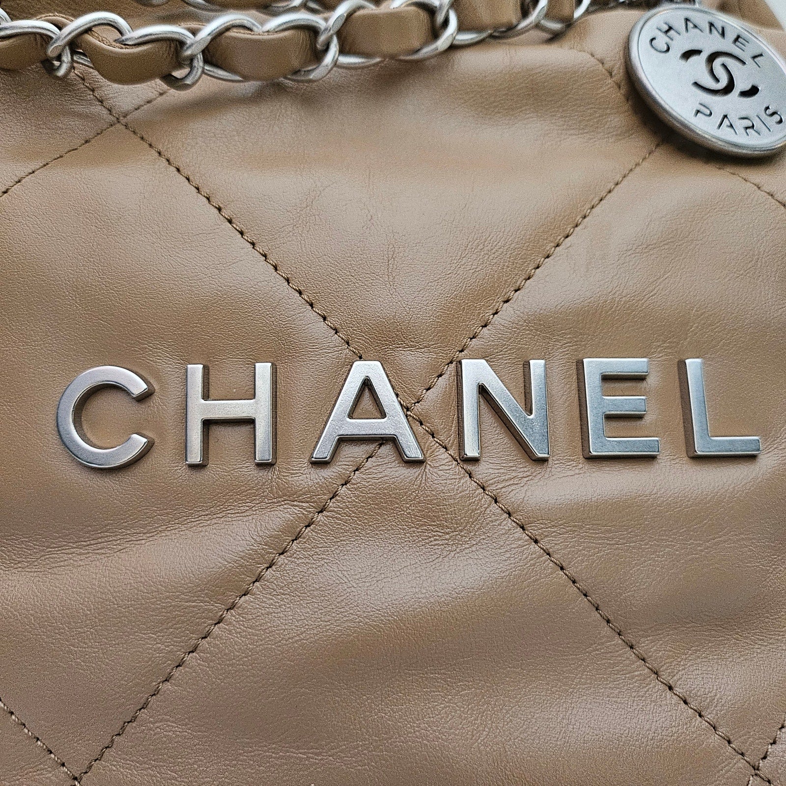 Chanel Shiny Calfskin Quilted Small Chanel 22 Hobo Beige Brown
