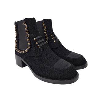 Chanel Women's Tweed Chain Chelsea Ankle Boots US 7 / EU 37