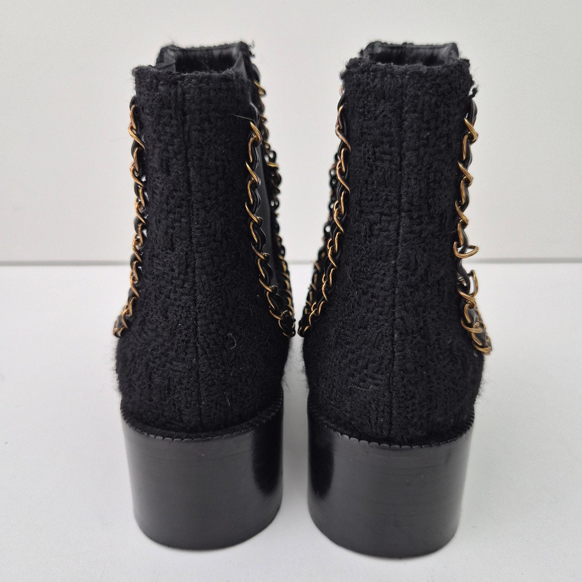 Chanel Women's Tweed Chain Chelsea Ankle Boots US 7 / EU 37
