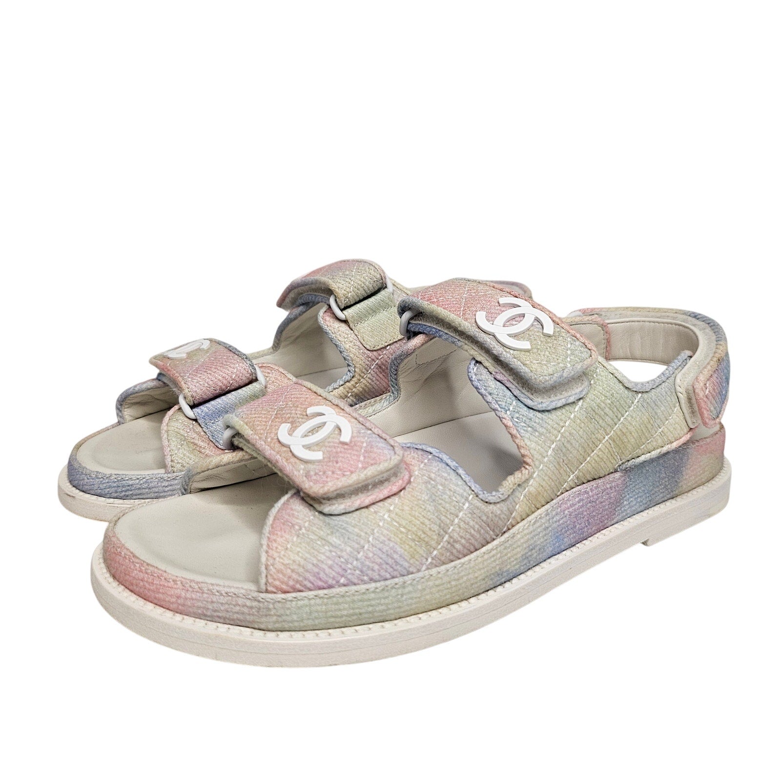 Chanel Printed Fabric Quilted Dad Sandals Green Pink Blue US 7 / EU 37